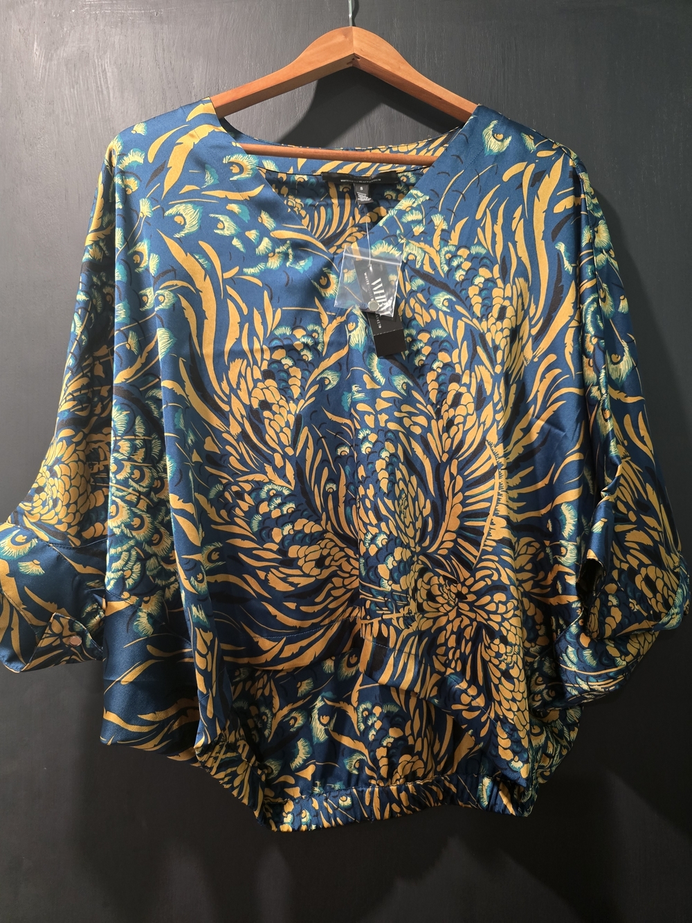 White House Black Market Women's Teal and Mustard Floral Satin Blouse NWT